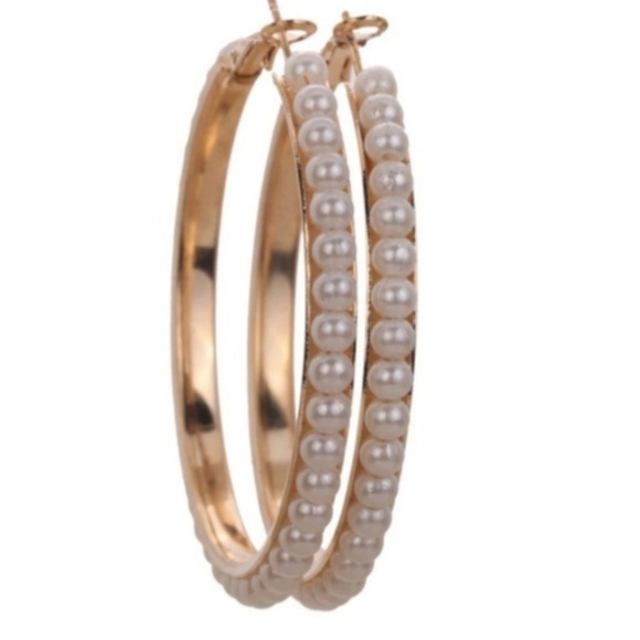 New 🎁 Faux Pearl rose gold hoop earrings - Picture 3 of 4